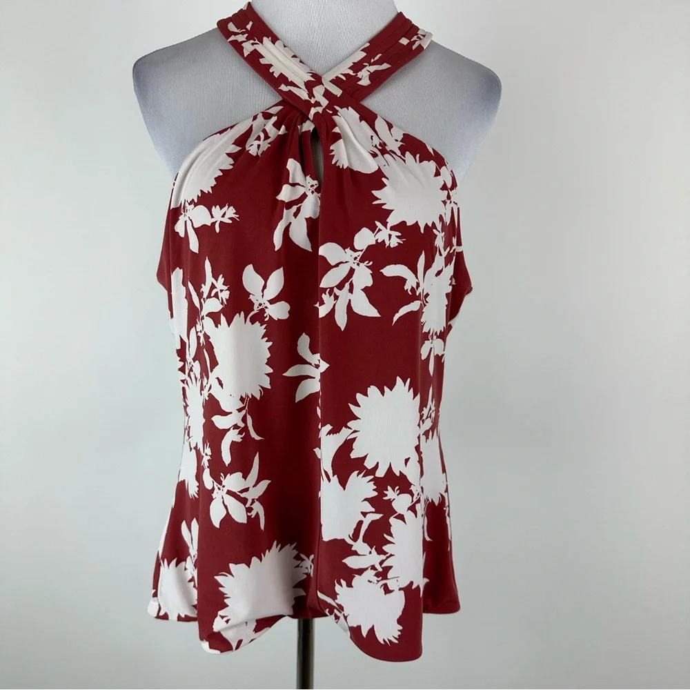 White House Black Market Cross Front Matte Jersey Floral Top Size XL